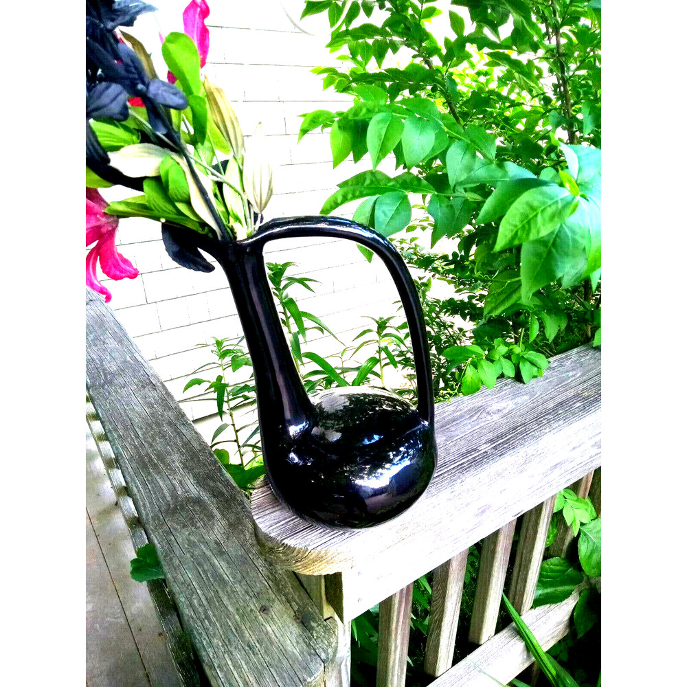 MCM Vase Jaru Pottery Bird Black With Handle 12" Vase Pitcher